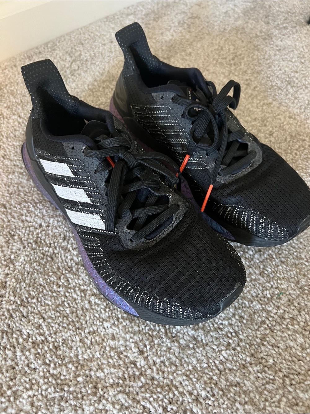 adidas Black Running Sneakers with White Stripes and Purple/blue Accents